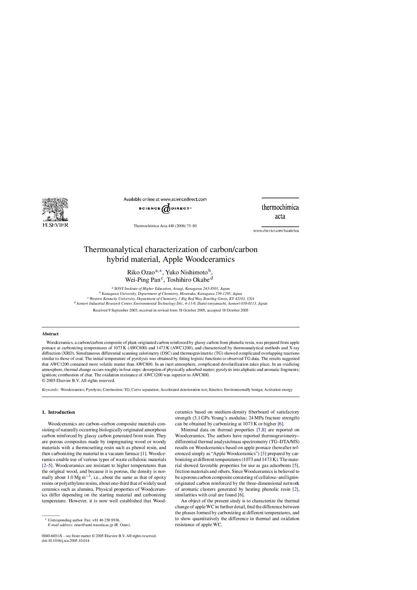 Thermoanalytical characterization of carbon/carbon hybrid material, Apple Woodceramics