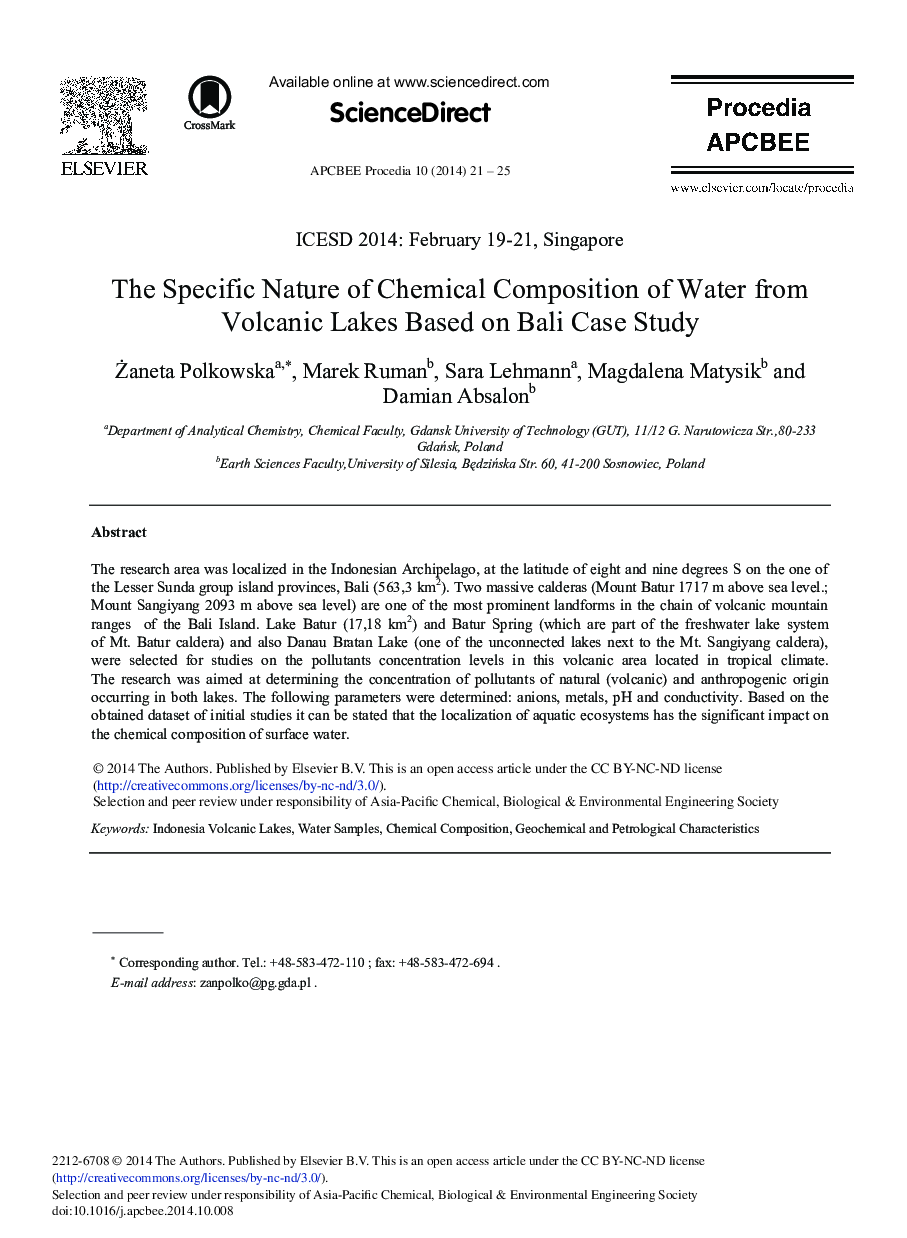 The Specific Nature of Chemical Composition of Water from Volcanic Lakes Based on Bali Case Study 