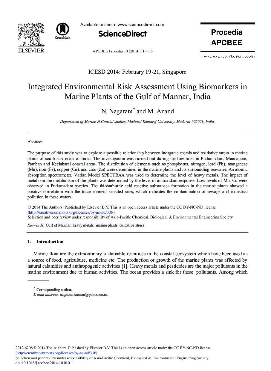 Integrated Environmental Risk Assessment Using Biomarkers in Marine Plants of the Gulf of Mannar, India 