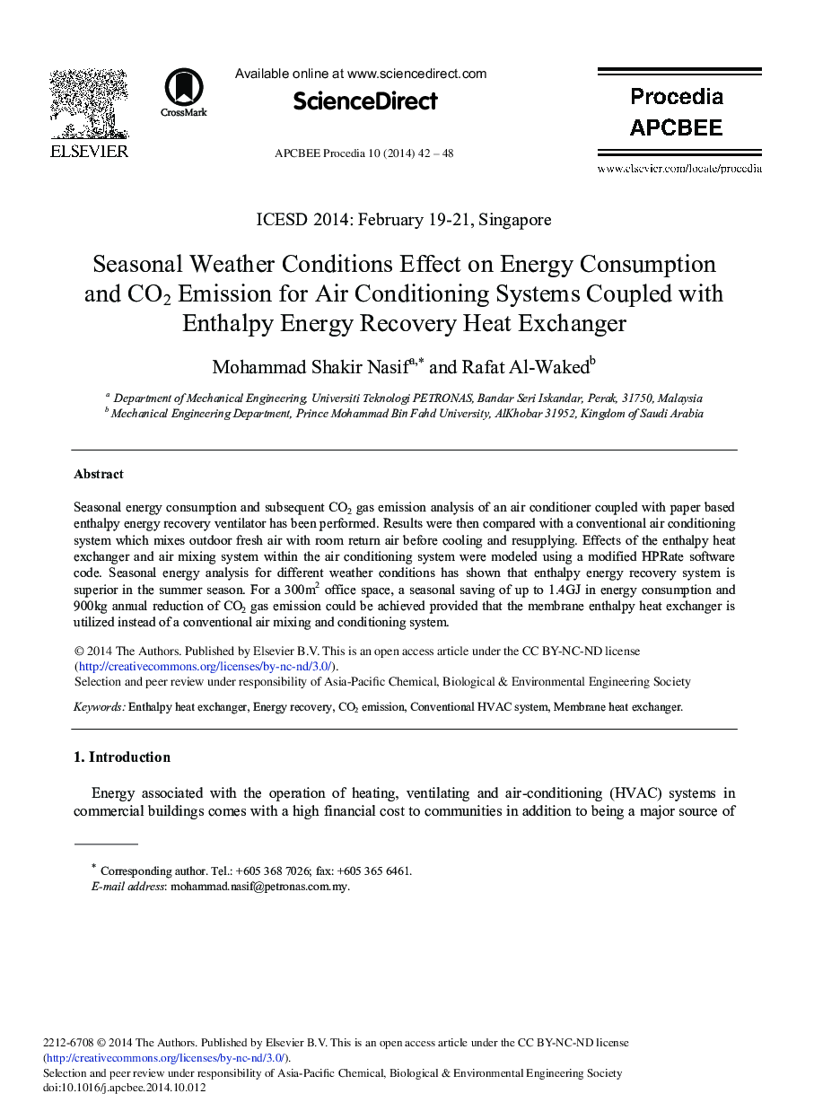 Seasonal Weather Conditions Effect on Energy Consumption and CO2 Emission for Air Conditioning Systems Coupled with Enthalpy Energy Recovery Heat Exchanger 