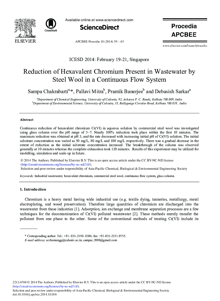 Reduction of Hexavalent Chromium Present in Wastewater by Steel Wool in a Continuous Flow System 