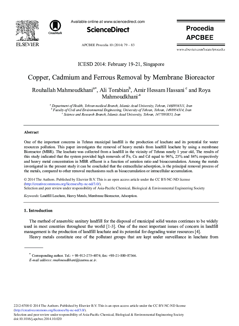 Copper, Cadmium and Ferrous Removal by Membrane Bioreactor 