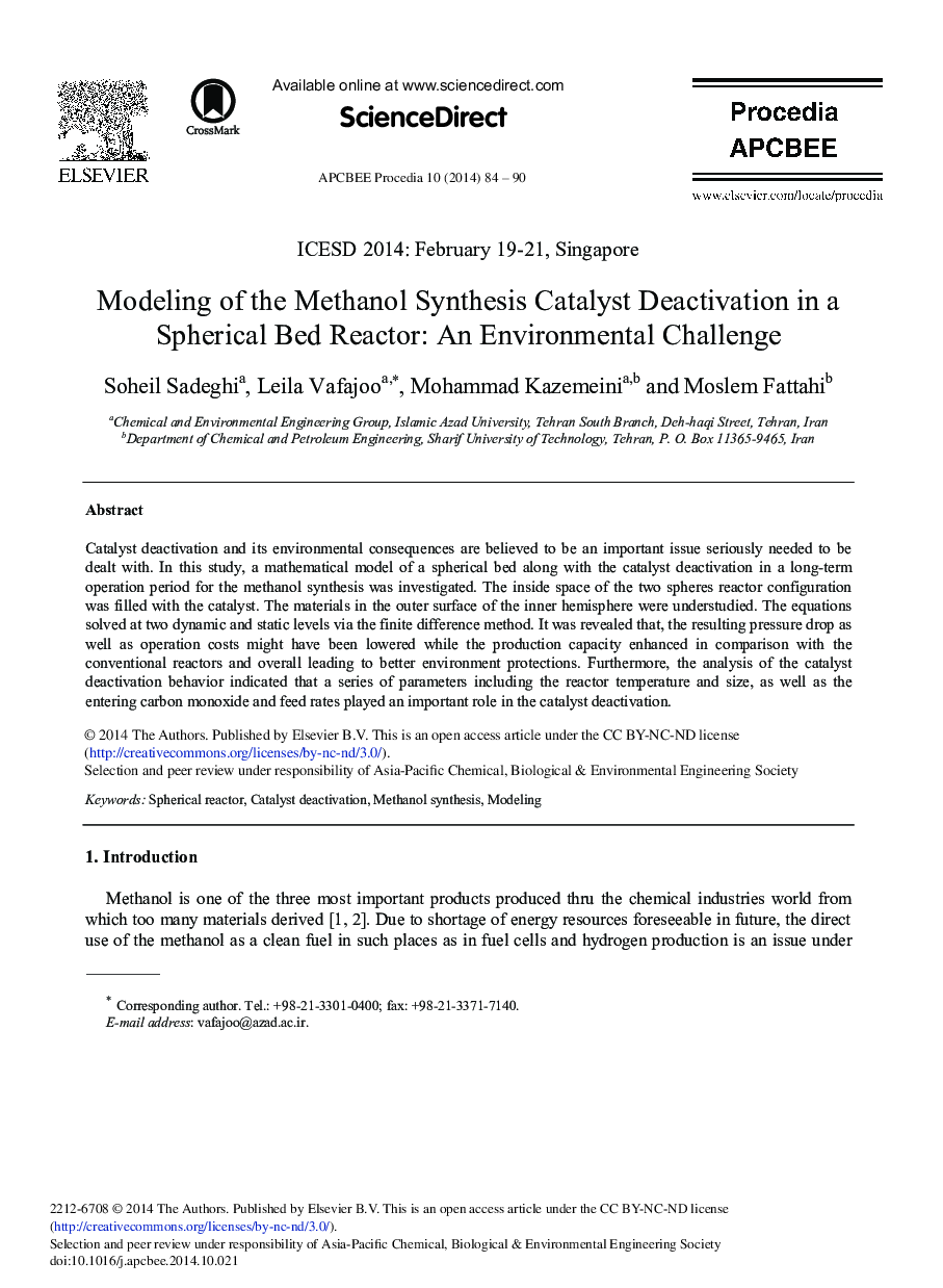 Modeling of the Methanol Synthesis Catalyst Deactivation in a Spherical Bed Reactor: An Environmental Challenge 