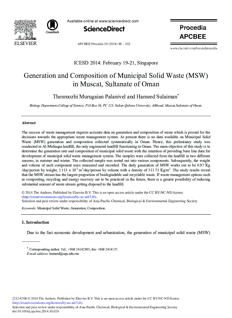 Generation and Composition of Municipal Solid Waste (MSW) in Muscat, Sultanate of Oman 