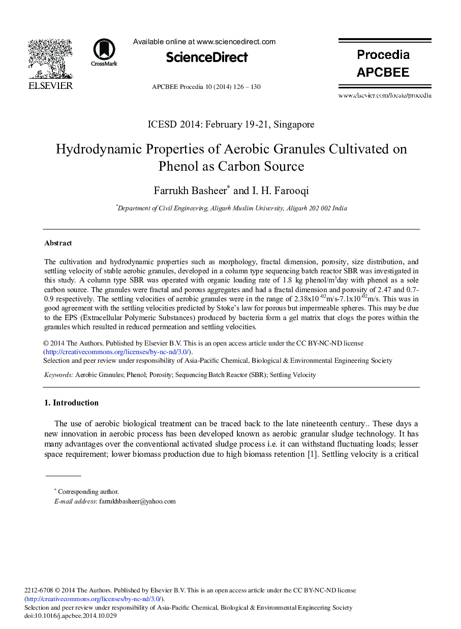 Hydrodynamic Properties of Aerobic Granules Cultivated on Phenol as Carbon Source 