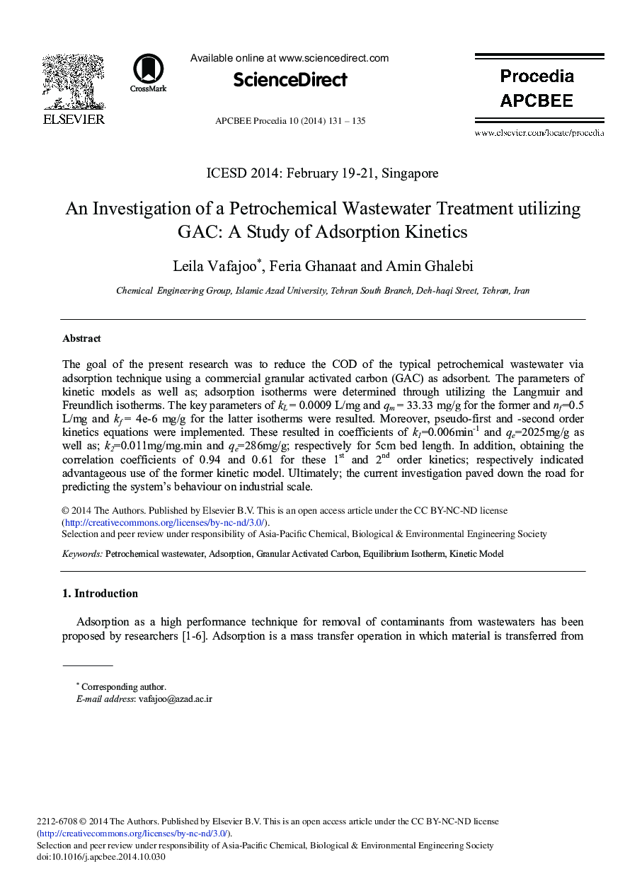 An Investigation of a Petrochemical Wastewater Treatment Utilizing GAC: A Study of Adsorption Kinetics 