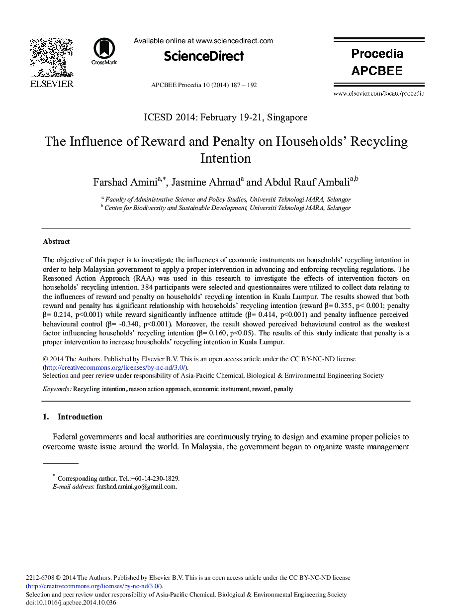 The Influence of Reward and Penalty on Households’ Recycling Intention 