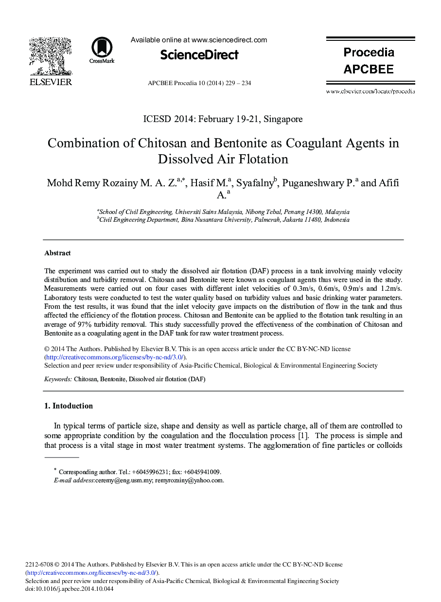 Combination of Chitosan and Bentonite as Coagulant Agents in Dissolved Air Flotation 