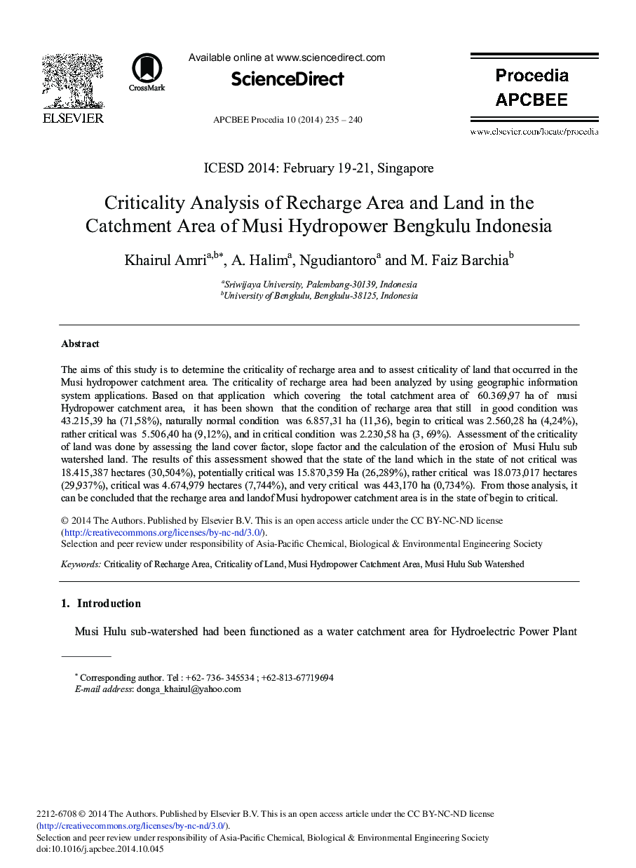 Criticality Analysis of Recharge Area and Land in the Catchment Area of Musi Hydropower Bengkulu Indonesia 