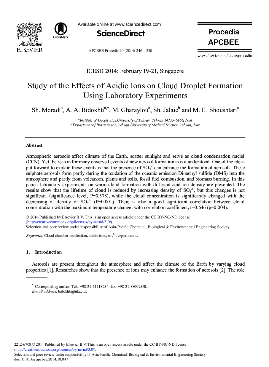 Study of the Effects of Acidic Ions on Cloud Droplet Formation Using Laboratory Experiments 