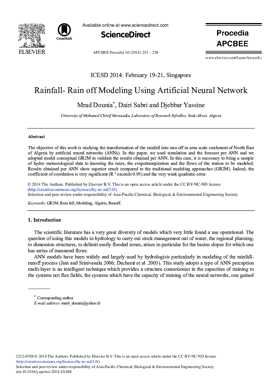 Rainfall – Rain off Modeling Using Artificial Neural Network 