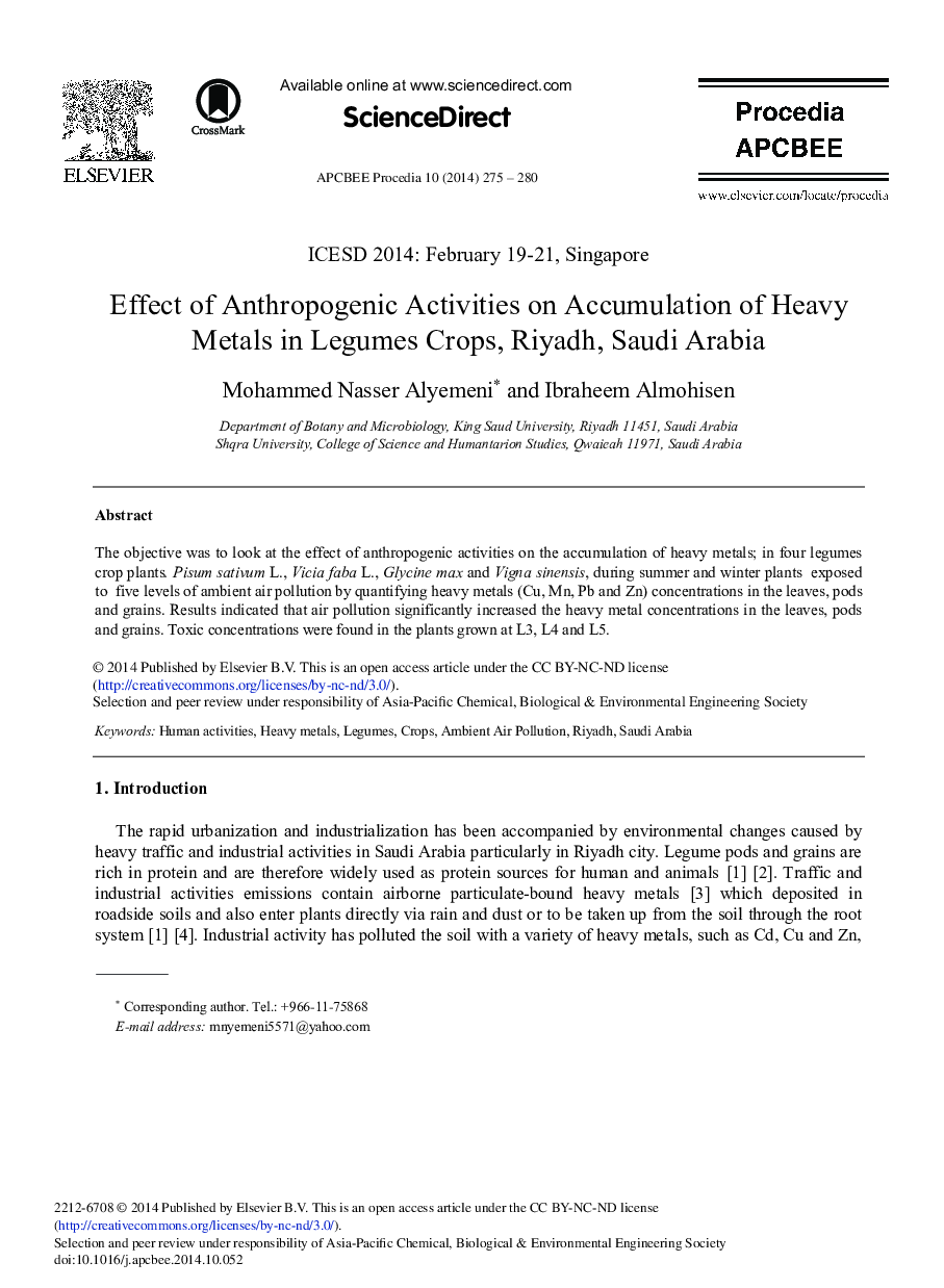 Effect of Anthropogenic Activities on Accumulation of Heavy Metals in Legumes Crops, Riyadh, Saudi Arabia 