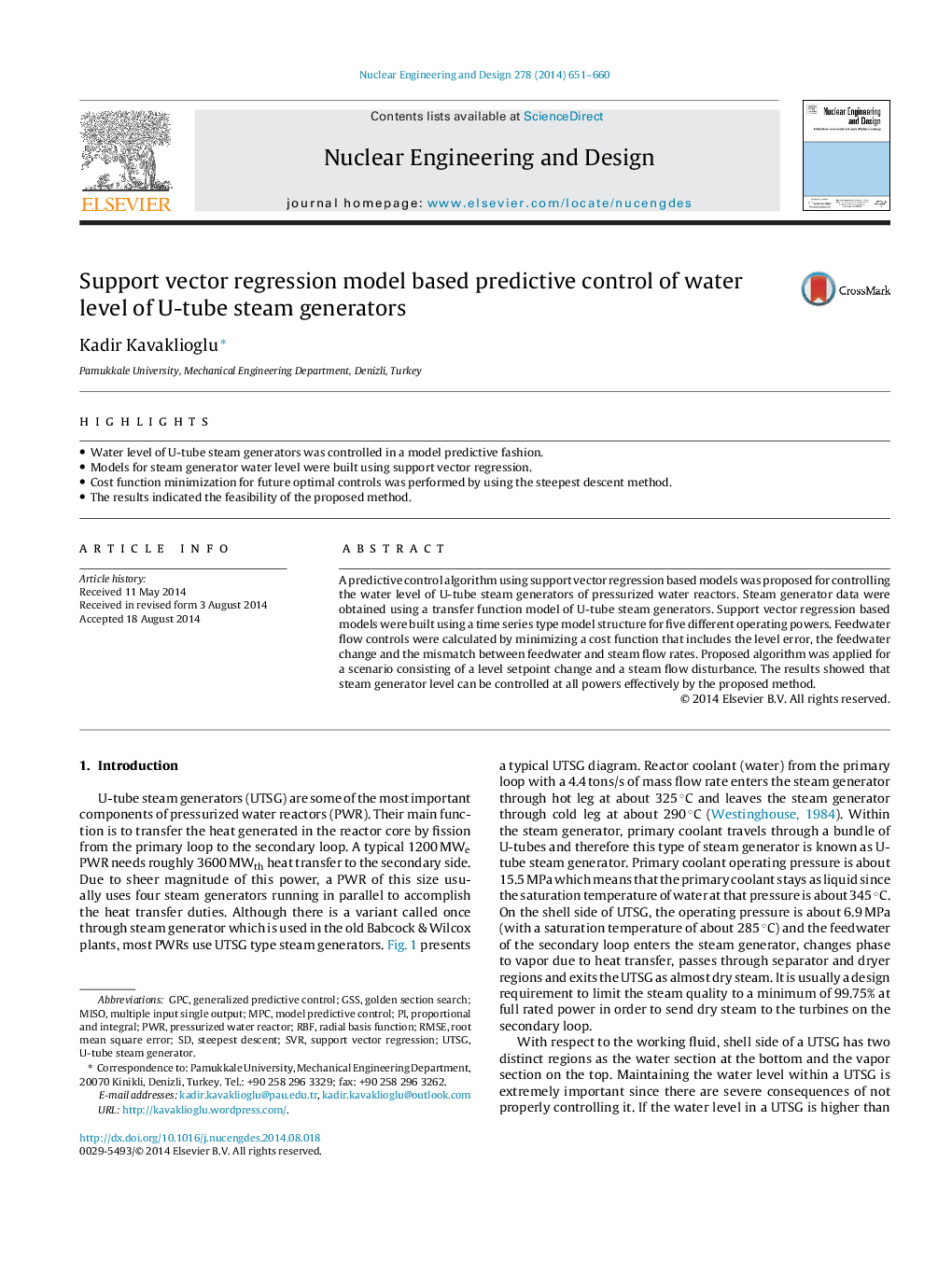 Support vector regression model based predictive control of water level of U-tube steam generators