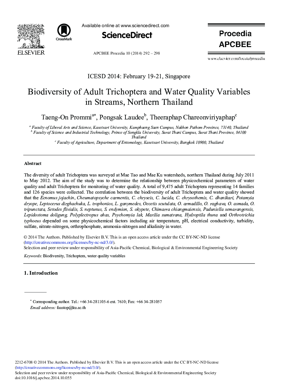 Biodiversity of Adult Trichoptera and Water Quality Variables in Streams, Northern Thailand 