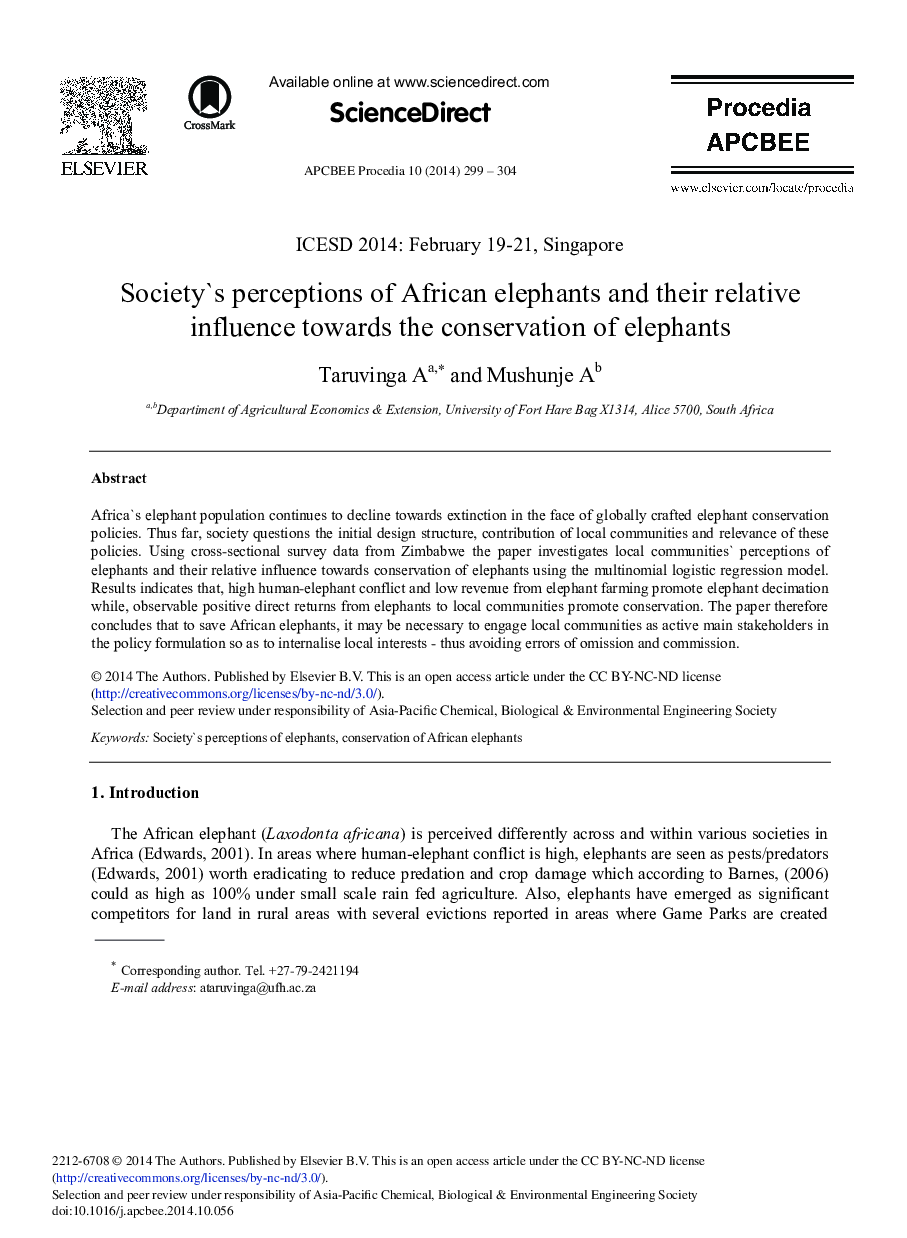 Society's Perceptions of African Elephants and their Relative Influence towards the Conservation of Elephants 