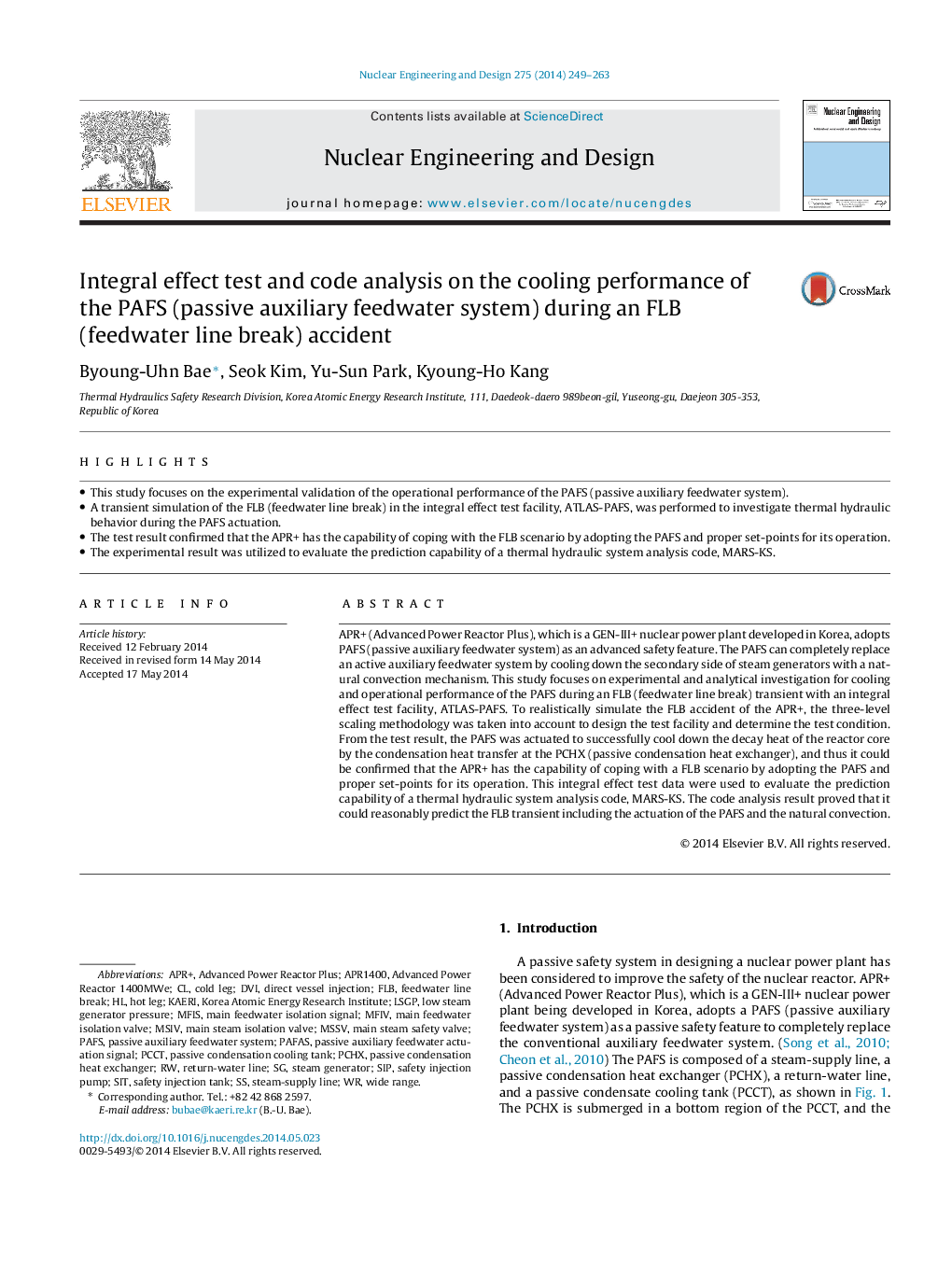 Integral effect test and code analysis on the cooling performance of the PAFS (passive auxiliary feedwater system) during an FLB (feedwater line break) accident