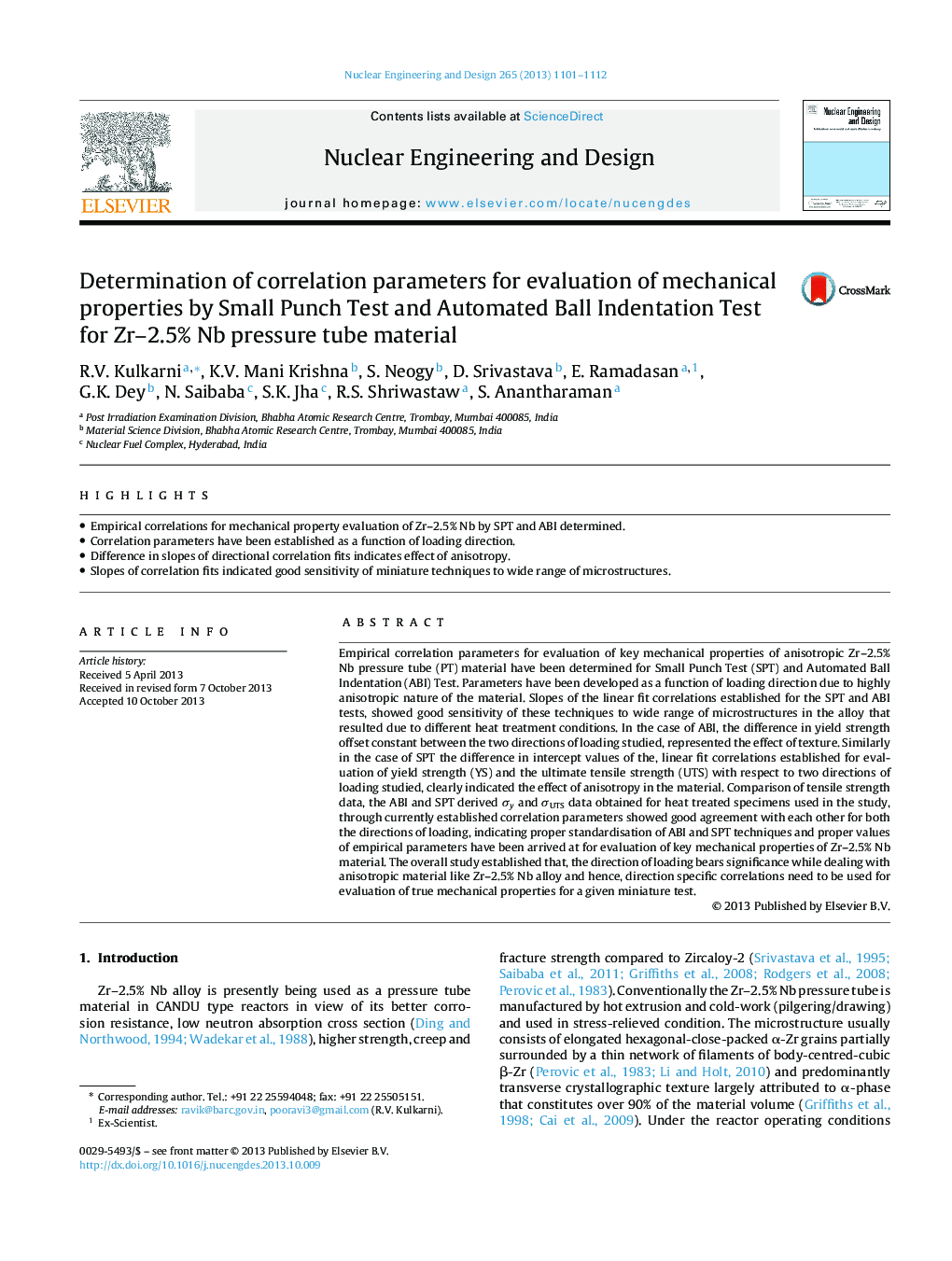 عکس صفحه اول مقاله: Determination of correlation parameters for evaluation of mechanical properties by Small Punch Test and Automated Ball Indentation Test for Zr-2.5% Nb pressure tube material Determination of correlation parameters for evaluation of mechanical properties by Small Punch Test and Automated Ball Indentation Test for Zr-2.5% Nb pressure tube material