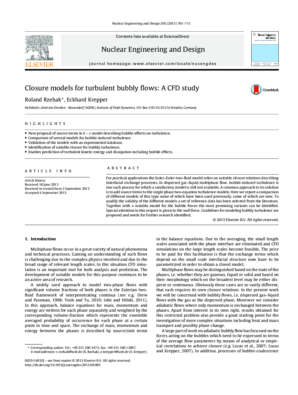 عکس صفحه اول مقاله: Closure models for turbulent bubbly flows: A CFD study Closure models for turbulent bubbly flows: A CFD study
