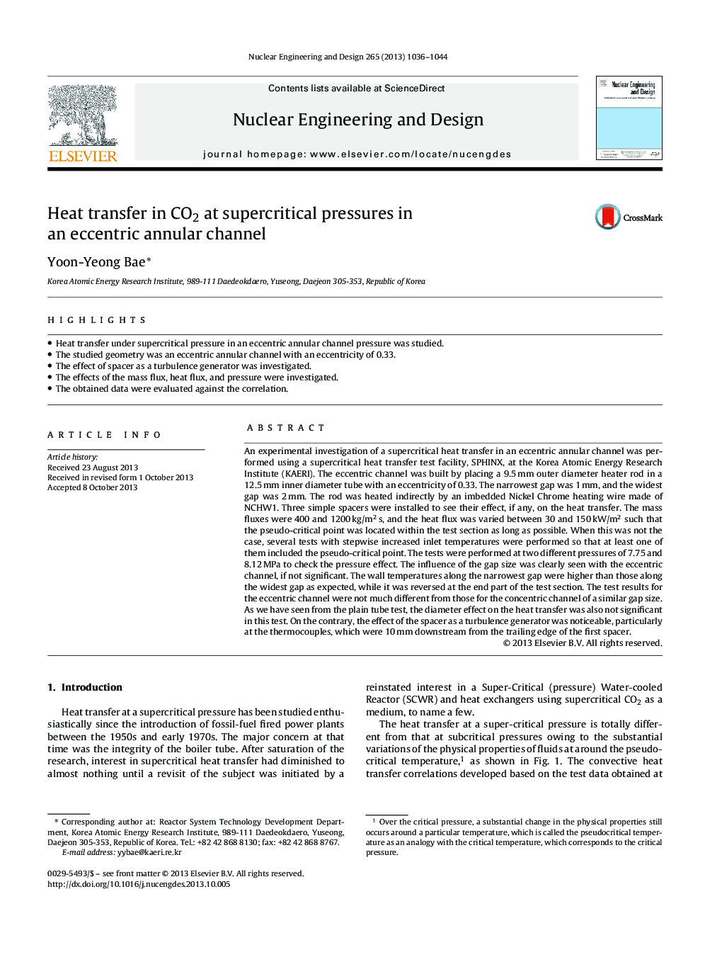 عکس صفحه اول مقاله: Heat transfer in CO2 at supercritical pressures in an eccentric annular channel Heat transfer in CO2 at supercritical pressures in an eccentric annular channel