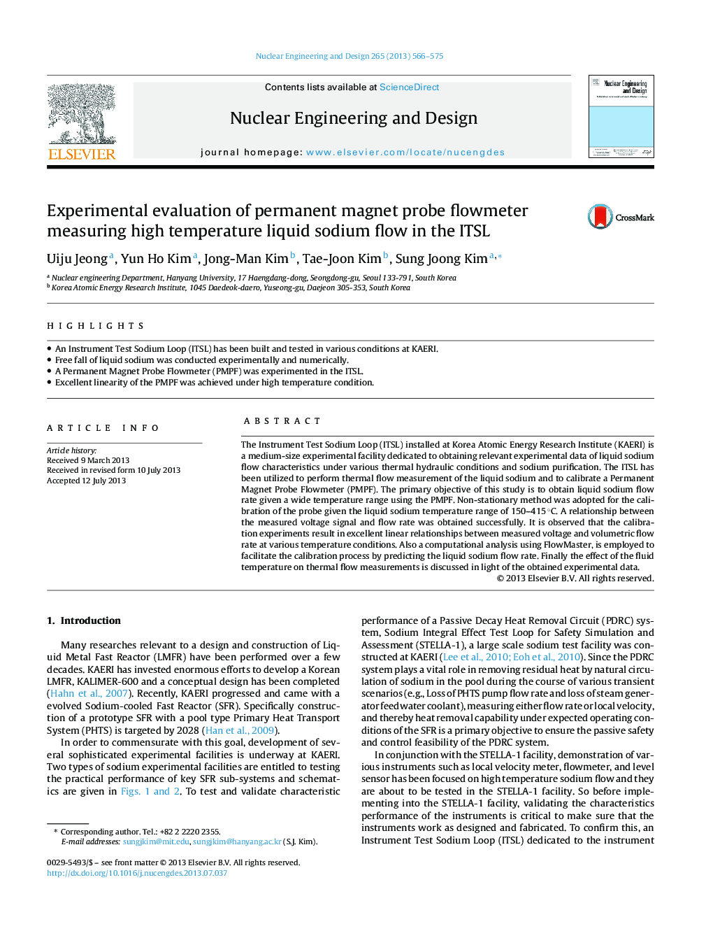 Experimental evaluation of permanent magnet probe flowmeter measuring high temperature liquid sodium flow in the ITSL