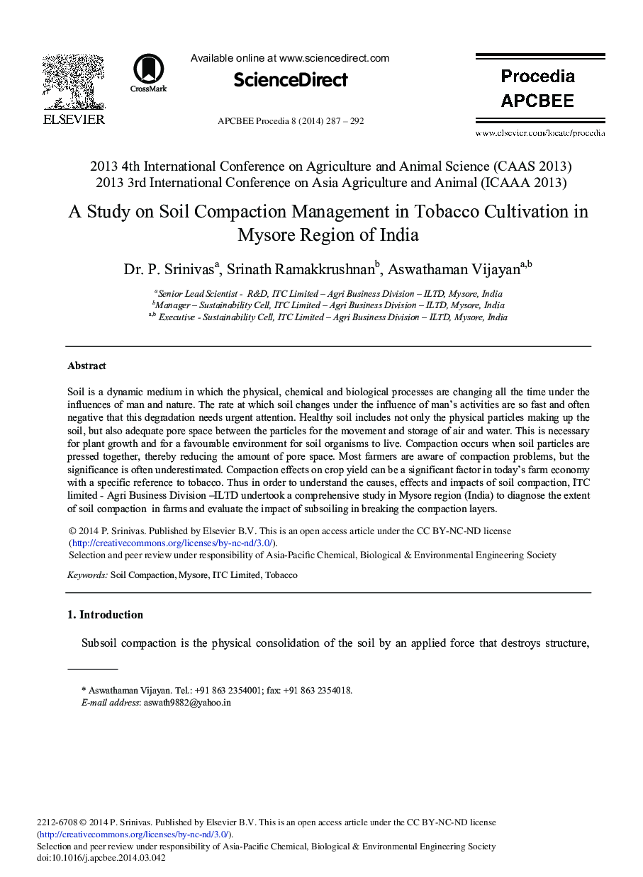 مطالعه ای در مورد مدیریت تلفیقی خاک در کشت توتون و تنباکو در منطقه میسور هند 