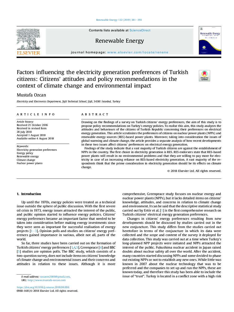 Factors influencing the electricity generation preferences of Turkish citizens: Citizens' attitudes and policy recommendations in the context of climate change and environmental impact
