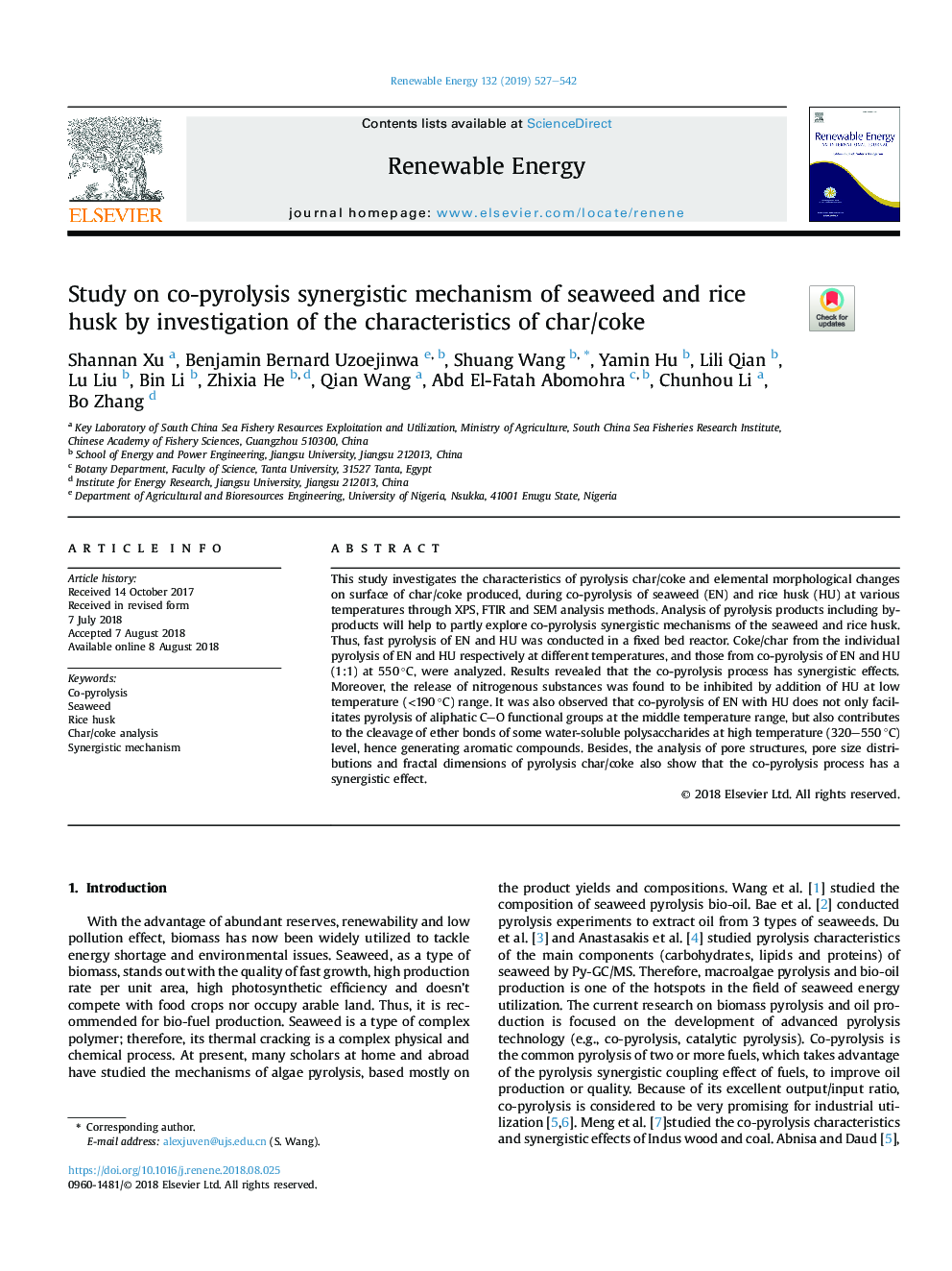 Study on co-pyrolysis synergistic mechanism of seaweed and rice husk by investigation of the characteristics of char/coke