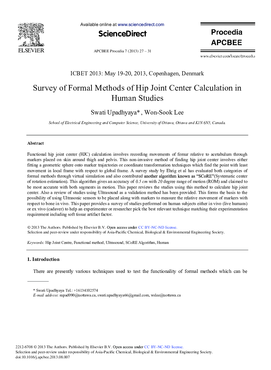 Survey of Formal Methods of Hip Joint Center Calculation in Human Studies 