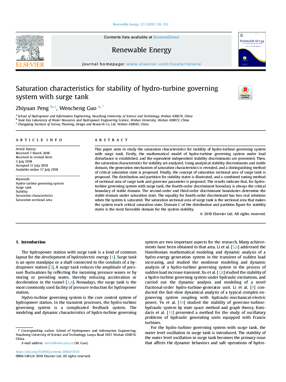 Saturation characteristics for stability of hydro-turbine governing system with surge tank