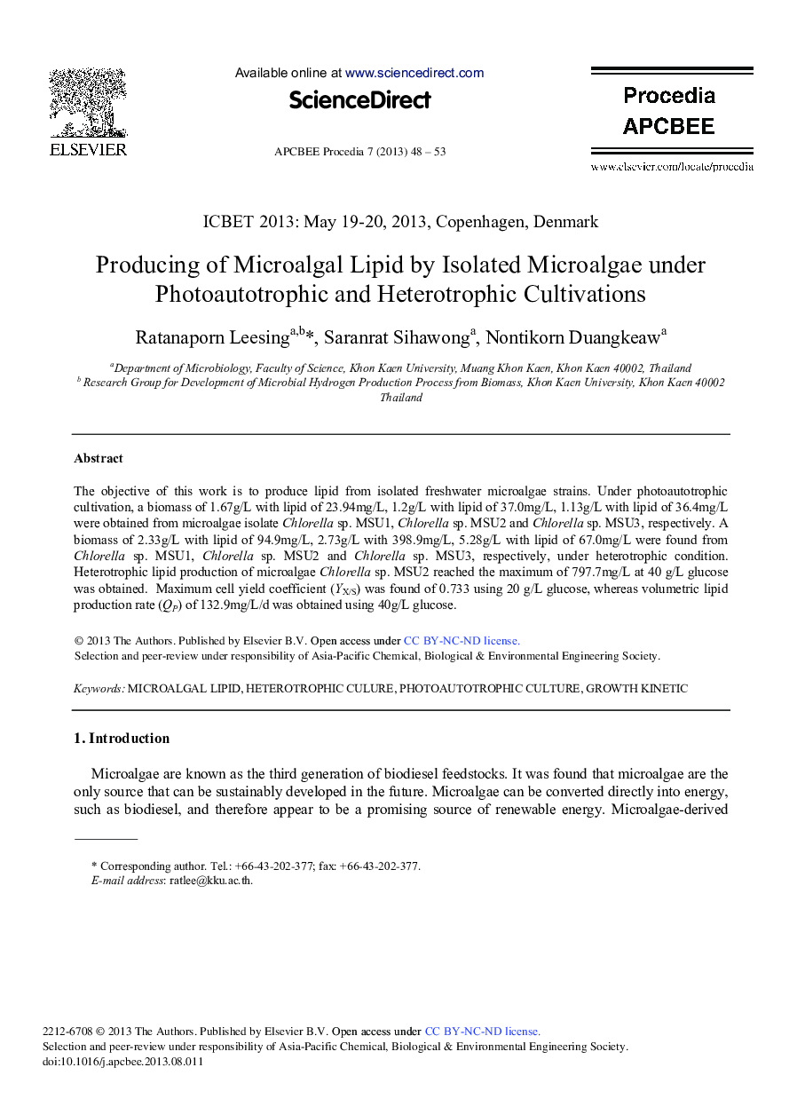 Producing of Microalgal Lipid by Isolated Microalgae under Photoautotrophic and Heterotrophic Cultivations 