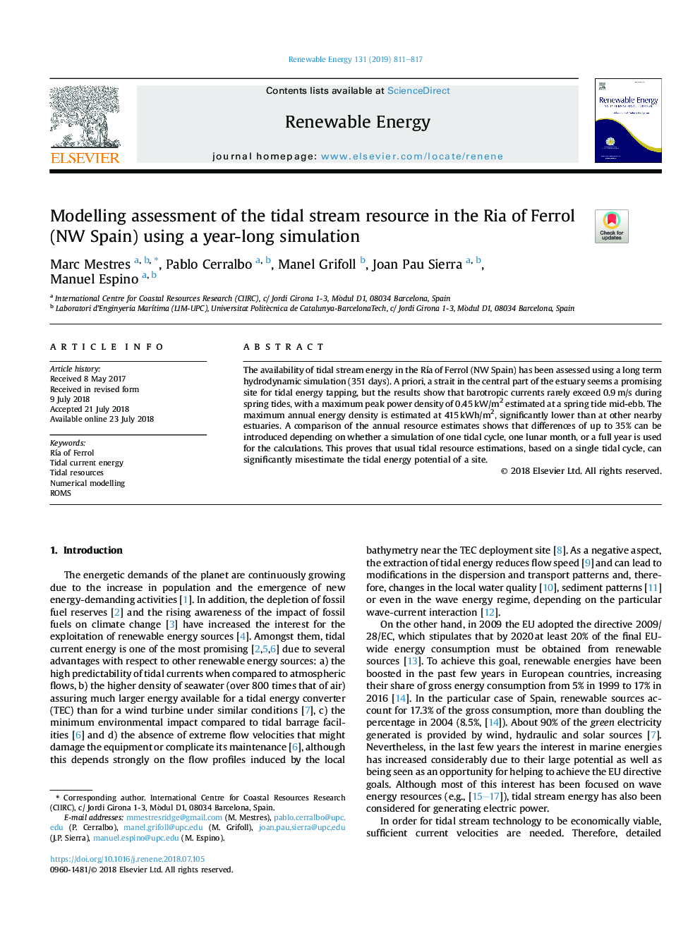 Modelling assessment of the tidal stream resource in the Ria of Ferrol (NW Spain) using a year-long simulation