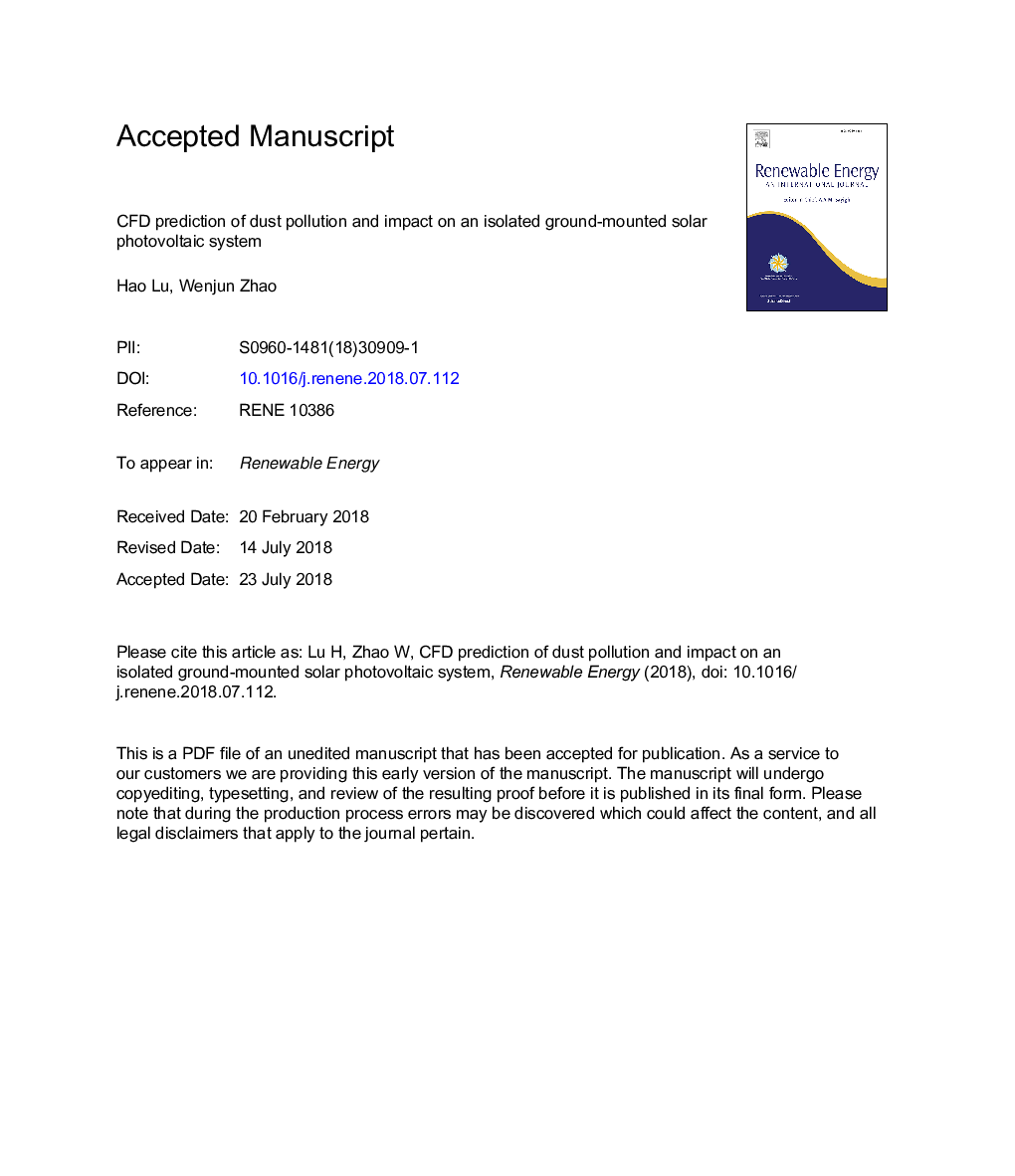 عکس صفحه اول مقاله: CFD prediction of dust pollution and impact on an isolated ground-mounted solar photovoltaic system CFD prediction of dust pollution and impact on an isolated ground-mounted solar photovoltaic system