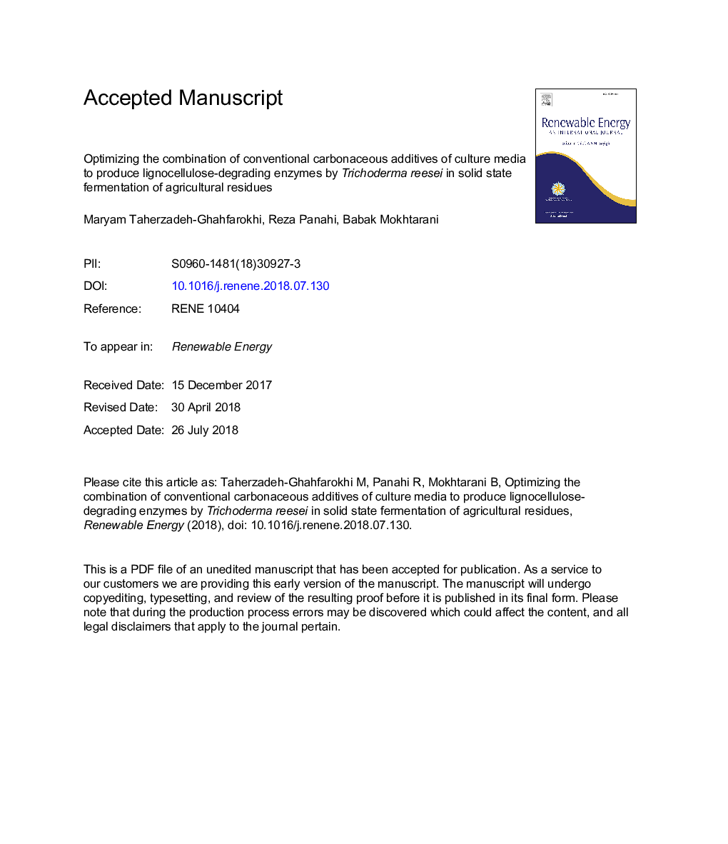 Optimizing the combination of conventional carbonaceous additives of culture media to produce lignocellulose-degrading enzymes by Trichoderma reesei in solid state fermentation of agricultural residues