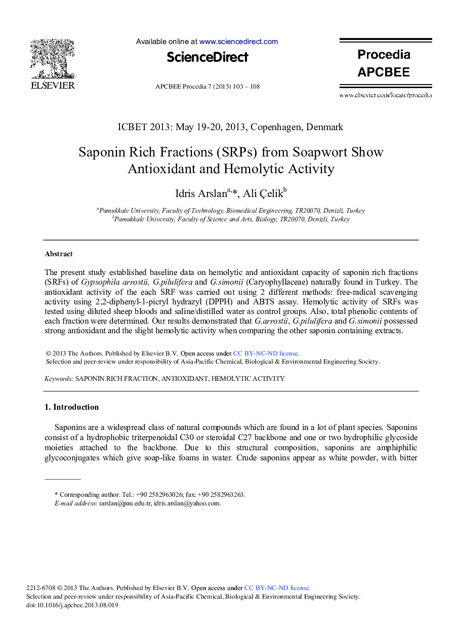 Saponin Rich Fractions (SRPs) from Soapwort Show Antioxidant and Hemolytic Activity 