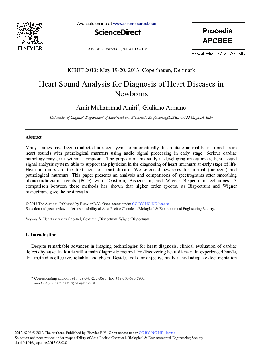 Heart Sound Analysis for Diagnosis of Heart Diseases in Newborns 