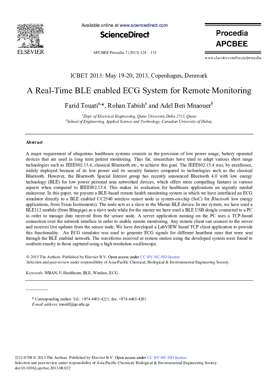 A Real-time BLE Enabled ECG System for Remote Monitoring 