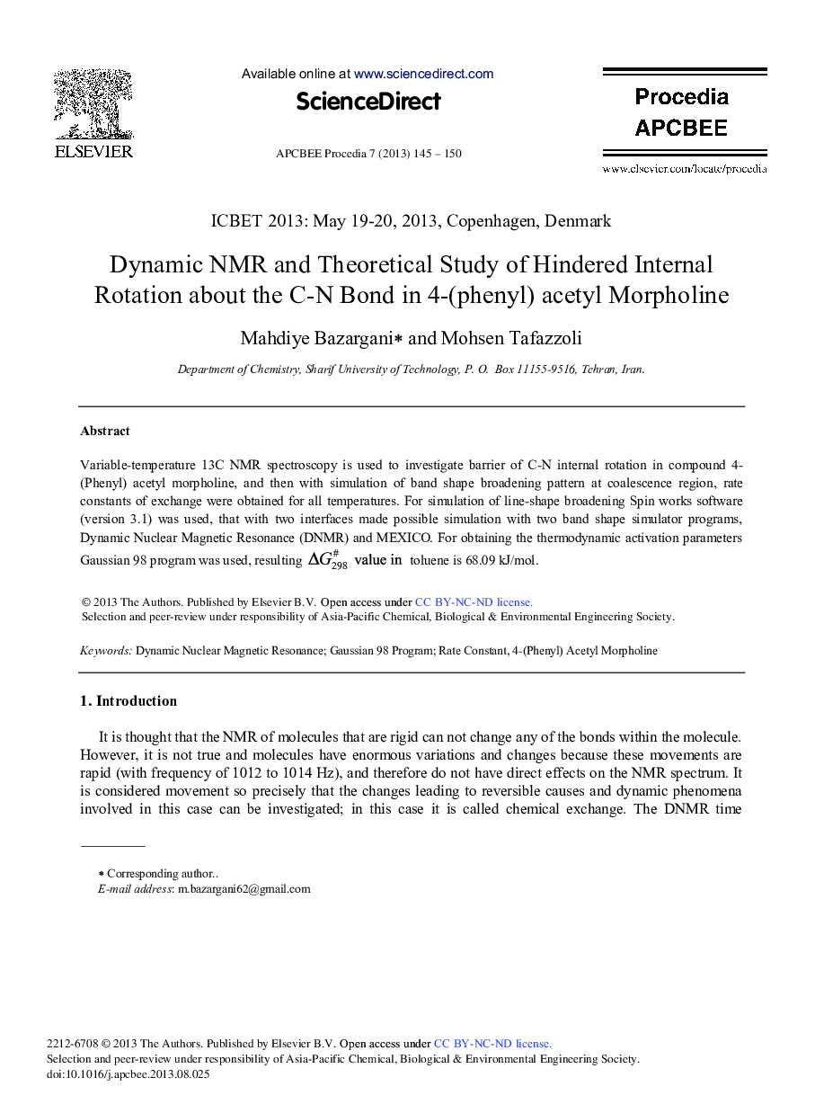 Dynamic NMR and Theoretical Study of Hindered Internal Rotation about the C-N Bond in 4-(Phenyl) Acetyl Morpholine 