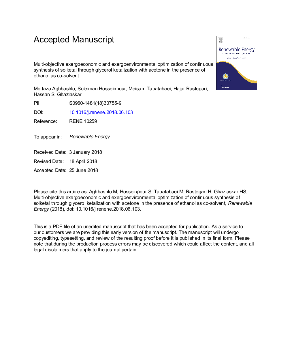 Multi-objective exergoeconomic and exergoenvironmental optimization of continuous synthesis of solketal through glycerol ketalization with acetone in the presence of ethanol as co-solvent