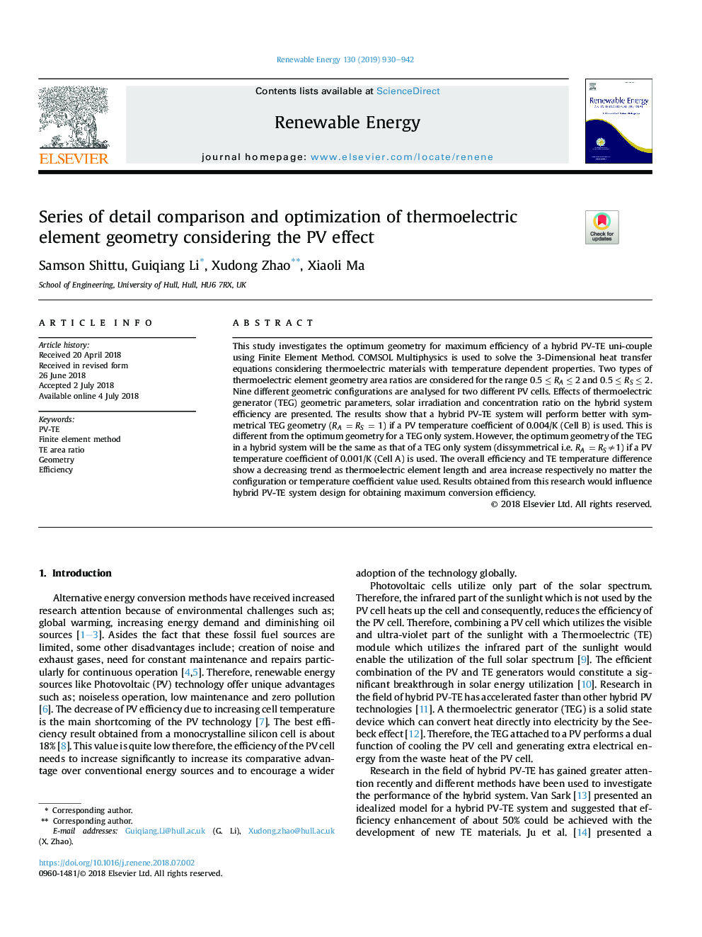 Series of detail comparison and optimization of thermoelectric element geometry considering the PV effect