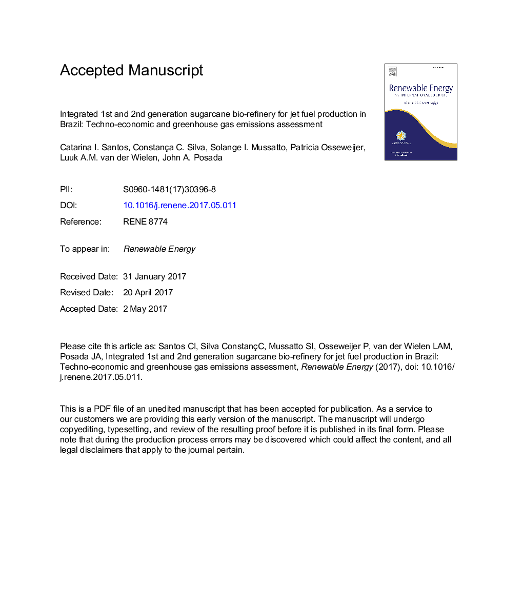 Integrated 1st and 2nd generation sugarcane bio-refinery for jet fuel production in Brazil: Techno-economic and greenhouse gas emissions assessment