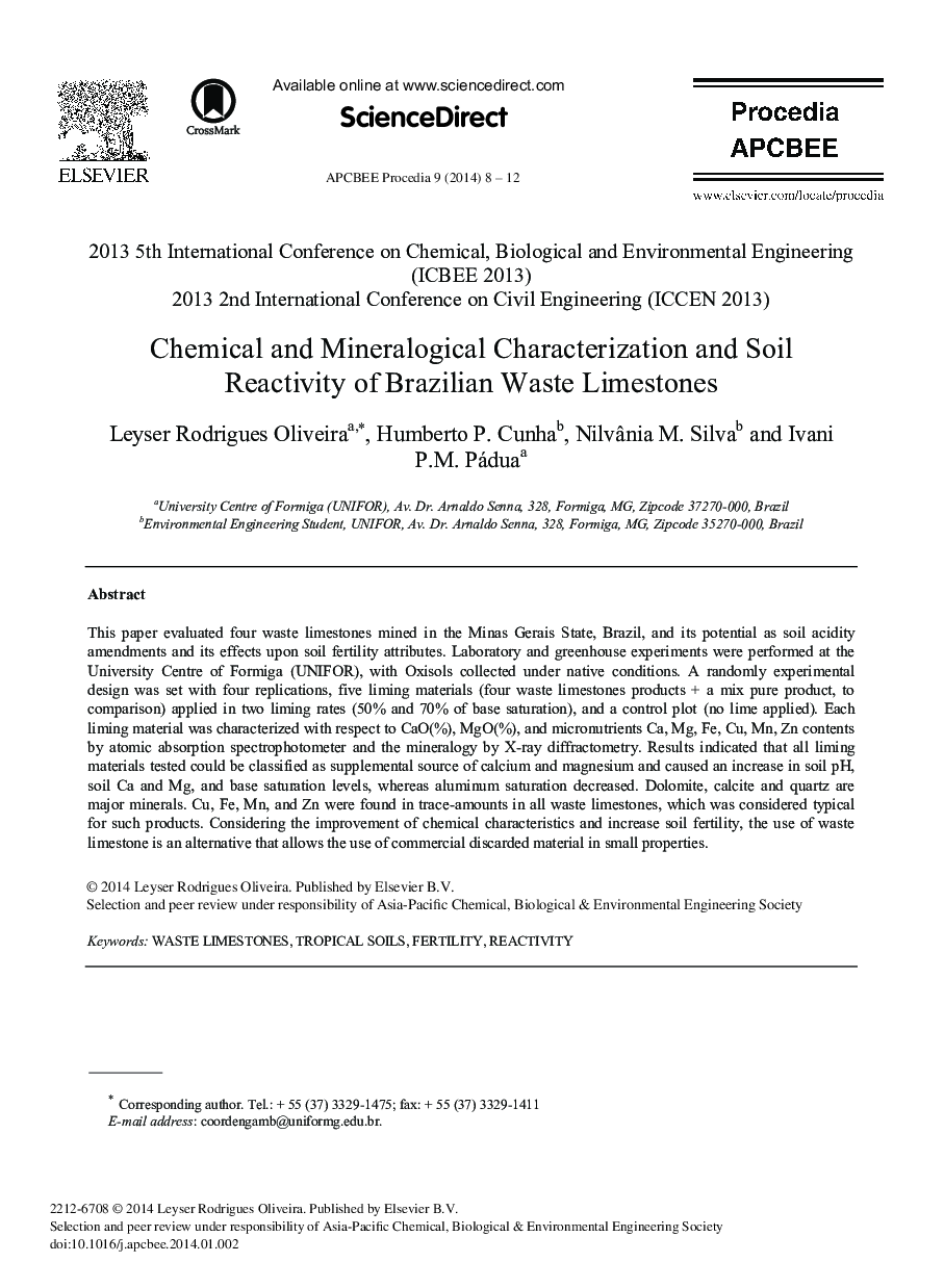خصوصیات شیمیایی و مواد معدنی و واکنش پذیری خاک سنگ آهک برزیل 