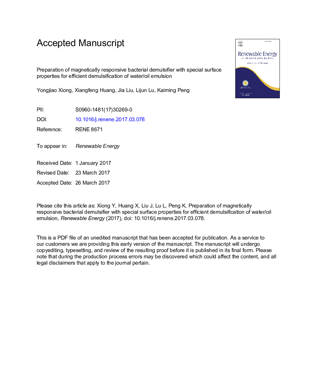Preparation of magnetically responsive bacterial demulsifier with special surface properties for efficient demulsification of water/oil emulsion