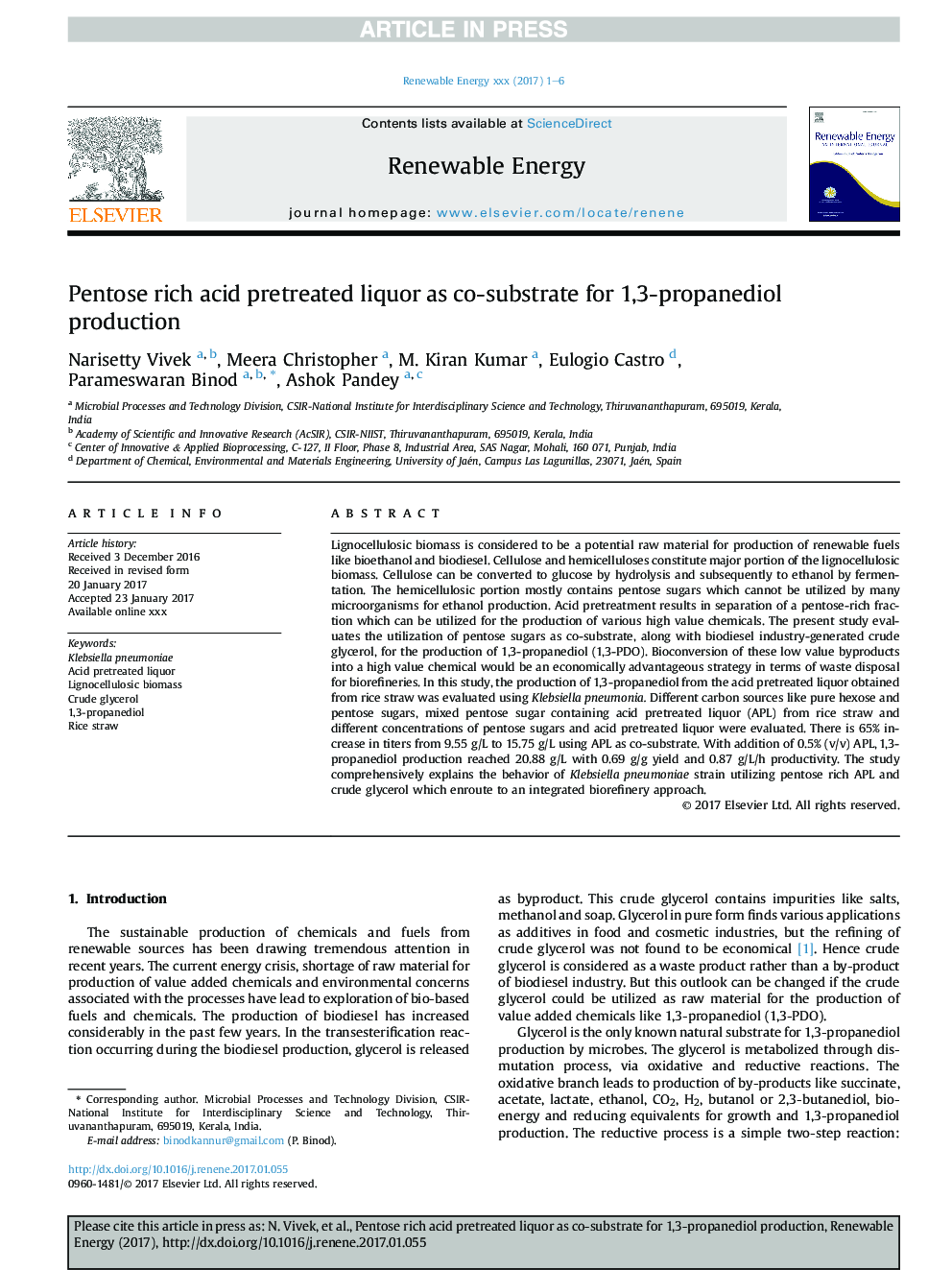 Pentose rich acid pretreated liquor as co-substrate for 1,3-propanediol production