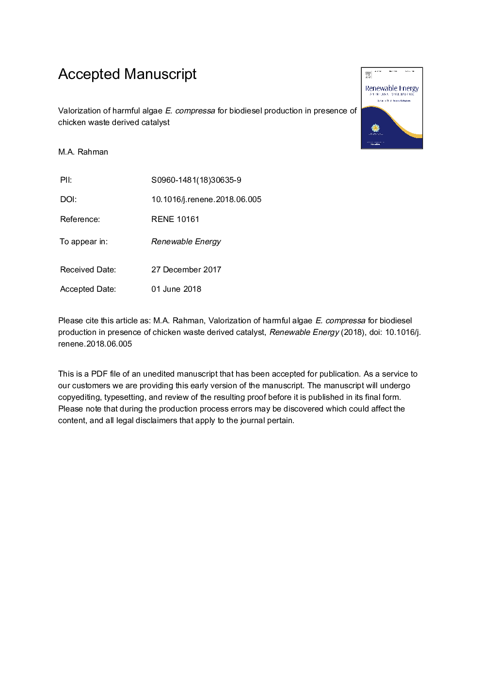 عکس صفحه اول مقاله: Valorization of harmful algae E. compressa for biodiesel production in presence of chicken waste derived catalyst Valorization of harmful algae E. compressa for biodiesel production in presence of chicken waste derived catalyst
