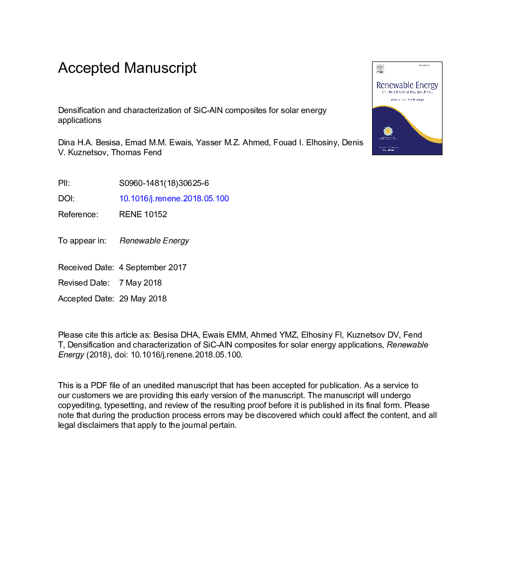 Densification and characterization of SiC-AlN composites for solar energy applications