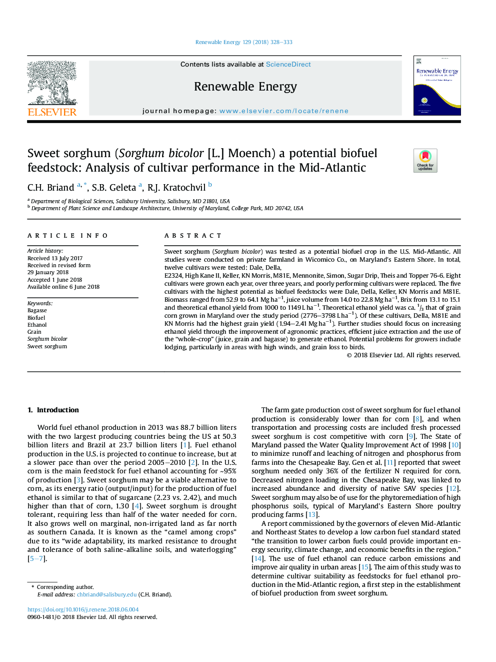 Sweet sorghum (Sorghum bicolor [L.] Moench) a potential biofuel feedstock: Analysis of cultivar performance in the Mid-Atlantic