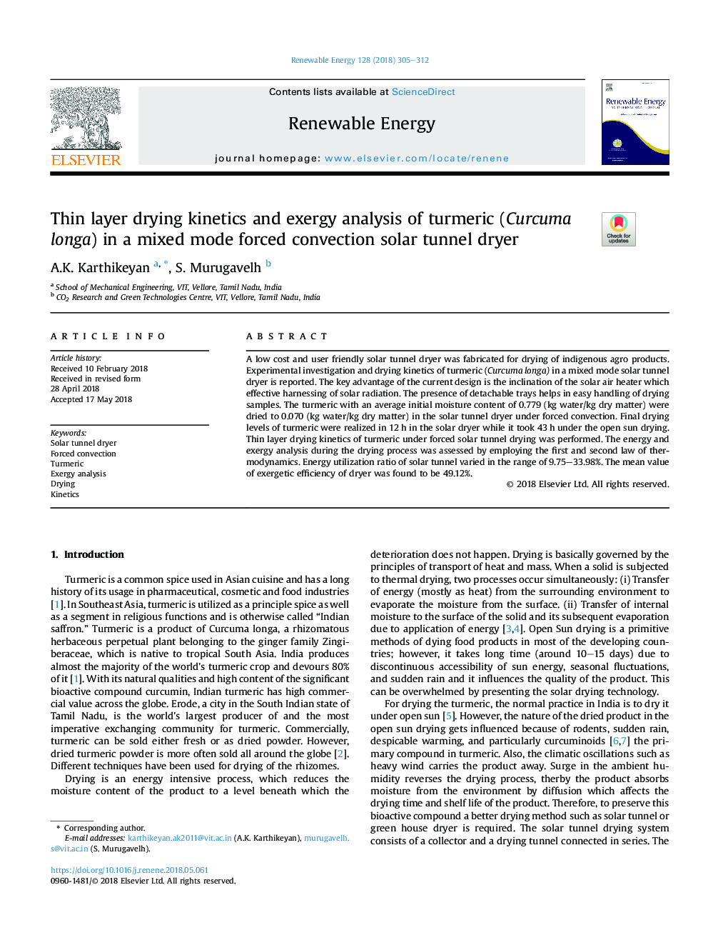 Thin layer drying kinetics and exergy analysis of turmeric (Curcuma longa) in a mixed mode forced convection solar tunnel dryer