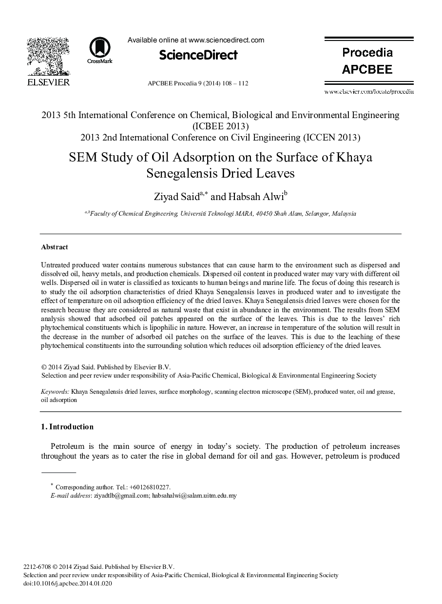 SEM Study of Oil Adsorption on the Surface of Khaya Senegalensis Dried Leaves