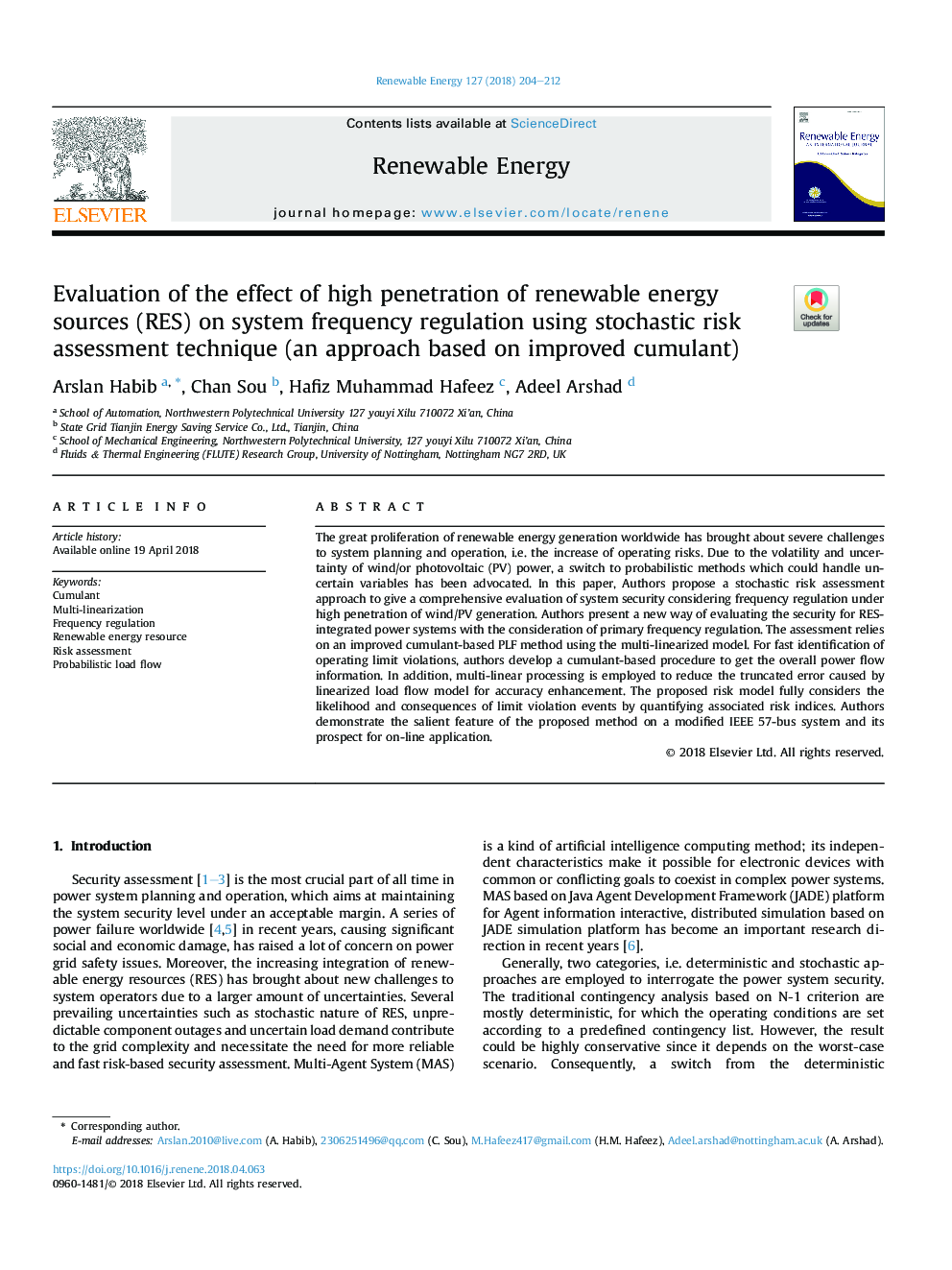 Evaluation of the effect of high penetration of renewable energy sources (RES) on system frequency regulation using stochastic risk assessment technique (an approach based on improved cumulant)