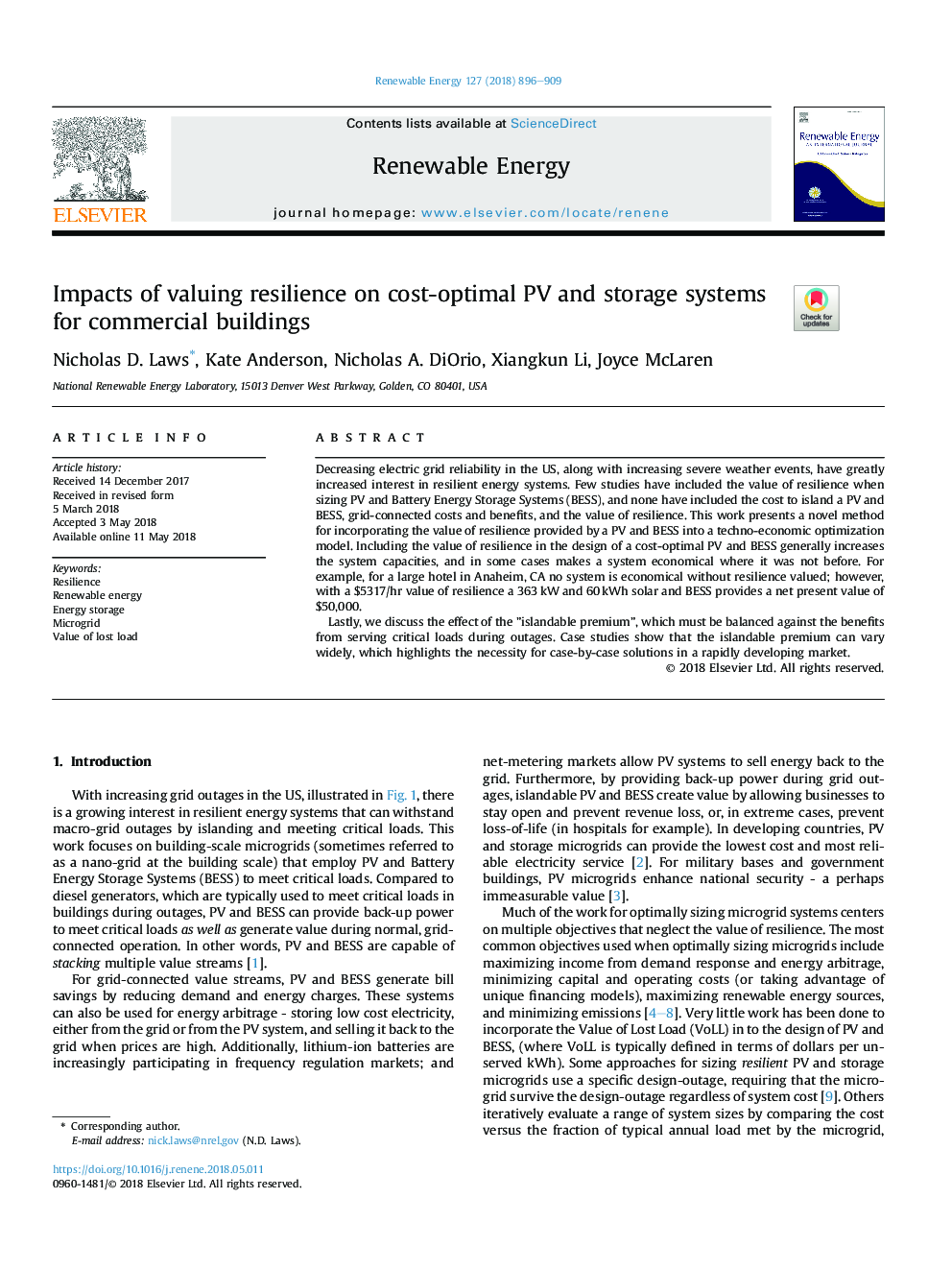 Impacts of valuing resilience on cost-optimal PV and storage systems for commercial buildings